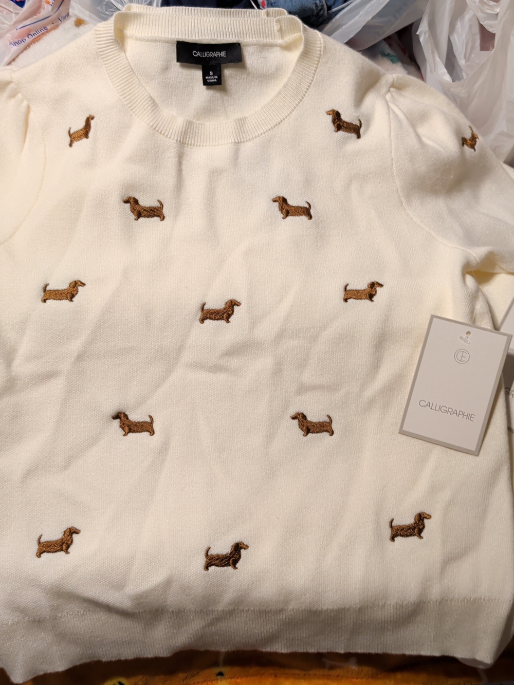 Anthropologie Cream Sweater with Embroidered Dachshund Motif Nwt Small
